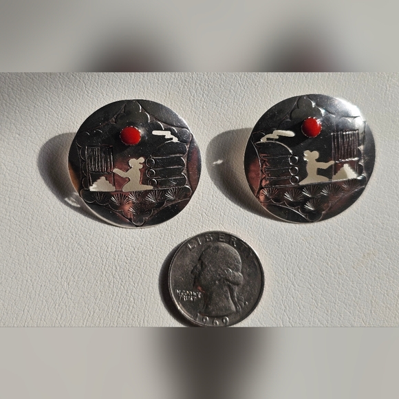 Vintage Native American Sterling Silver Coral Inlay Earrings - Picture 2 of 4